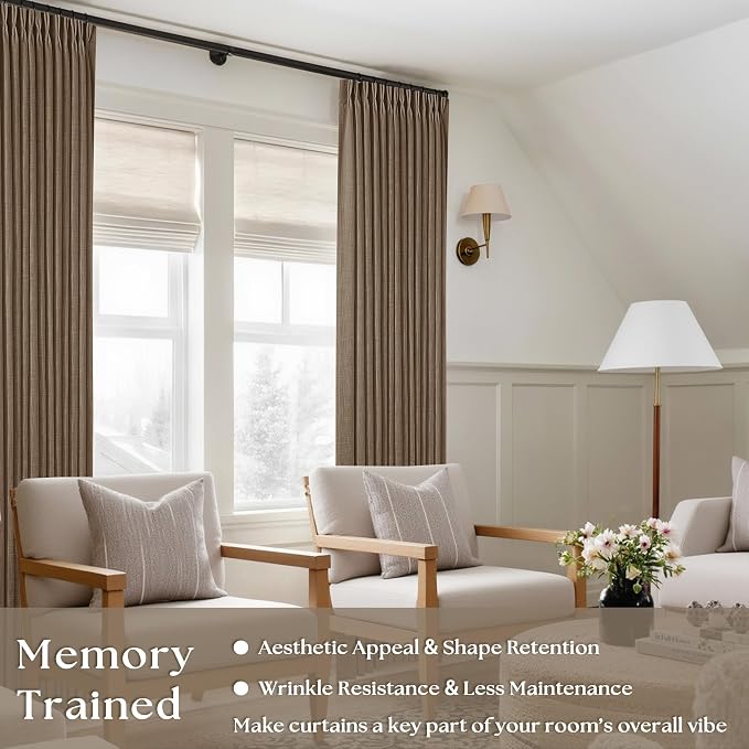 98 Inch Linen Curtains 2 Panels Set Pinch Pleated for Living Room Bedroom Memory Training Shaped Semi Sheer Dutch Cocoa Pinch Pleat Drapes Hooks Rings Light Filtering Window Curtain Drapes