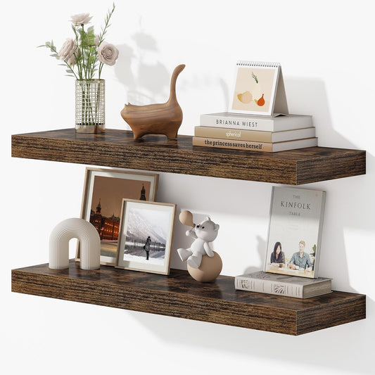 Dreamland 32 Inches Floating Shelves for Wall, 9.3" Deep Long Floating Shelves Set of 2, Large Display & Storage Shelf, Wall Shelf for Bathroom Bedroom Living Room Kitchen Office, Rustic Brown