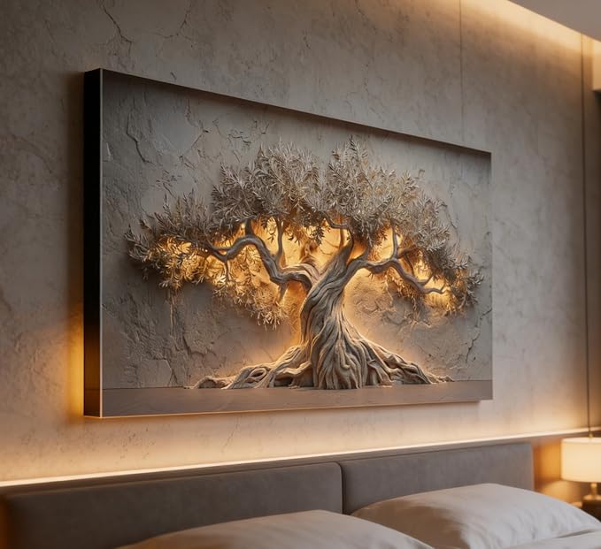 ZAWUDVC Large Tree of Life Wall Art, Neutral Nature Big Tree Botanical Canvas Print Poster, Rustic Stone Wall Decor for Living Room Bedroom Hotel, Earth Tone,