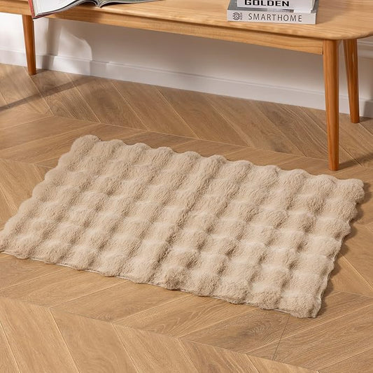 Ashler Faux Rabbit Fur Area Rug, Beige 2x3 FT Fluffy Soft, Rectangle Fuzzy Carpet for Living Room, Bedroom, Machine Washable Shaggy Nursery - 3D Bubble