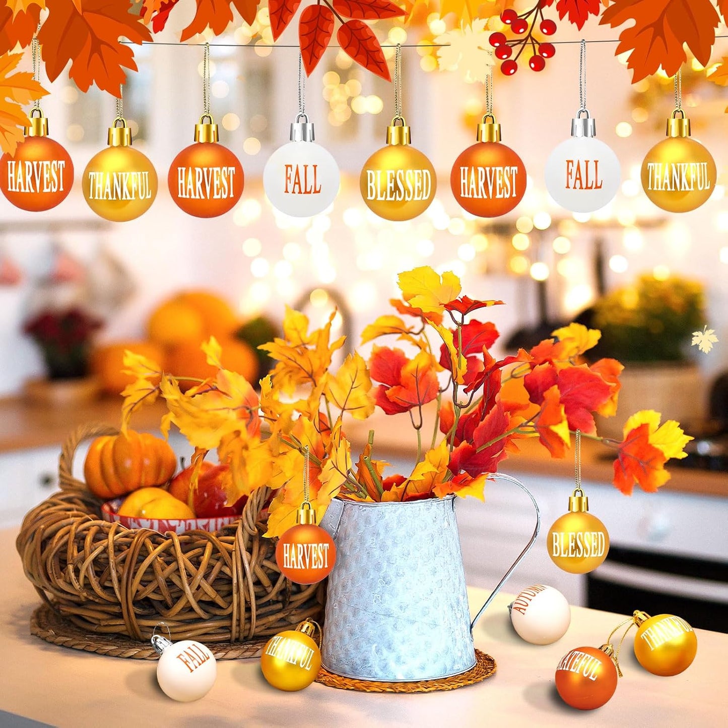 24Pcs Thanksgiving Day Hanging Ball Ornaments, Fall Tree Decorations Autumn Harvest Hanging Ornaments with Rope for Farmhouse Rustic Party Favors Craft Supplies