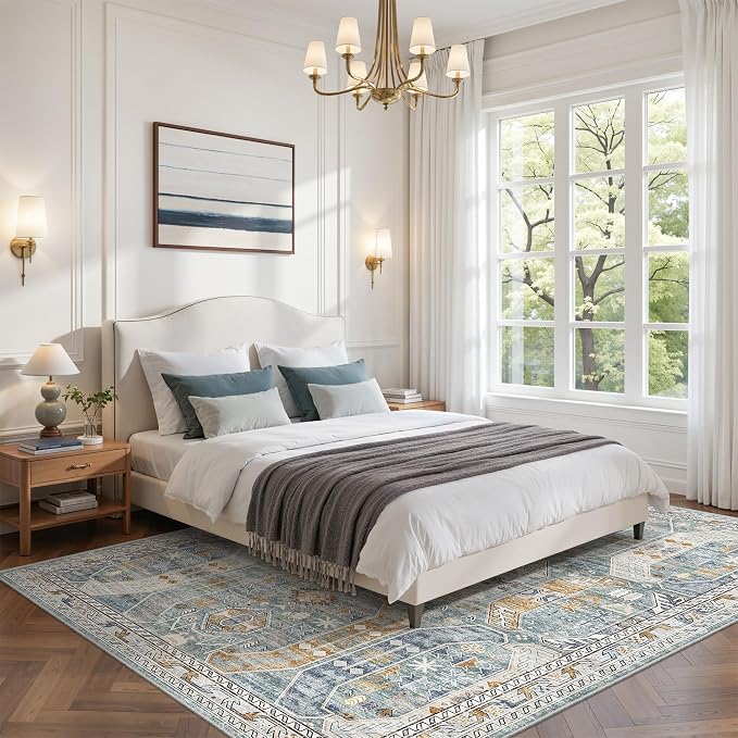 befbee 5x7 Area Rugs for Living Room,Stain Resistant Washable Rug,Non-Slip Backing Carpets for Bedroom,Kitchen,Printed Vintage Home Decor Rug (Blue/Gold, 5'x7')