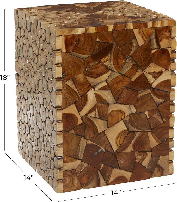 Deco 79 Teak Wood Side Table, 14" x 14" x 18", Varnished Brown | Distinctive living room style, wood side table for living room, brown end table, handmade, mosaic wood chip design