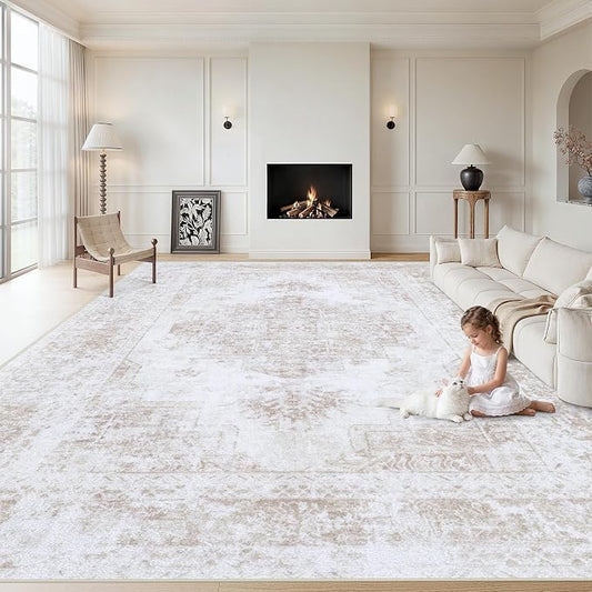XLUEZ Area Rug 9x12 Living Room Rug, Machine Washable Vintage Distressed Medallion Rug Non-Slip Soft Low Pile Large Indoor Rugs for Bedroom Kitchen Dining Room Office(Beige,9'x12')