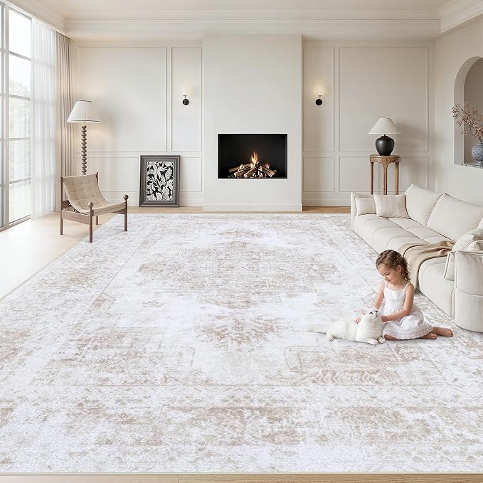 XLUEZ Area Rug 10x14 Living Room Rug, Machine Washable Vintage Distressed Medallion Rug Non-Slip Soft Low Pile Large Indoor Rugs for Bedroom Kitchen Dining Room Office(Beige,10'x14')