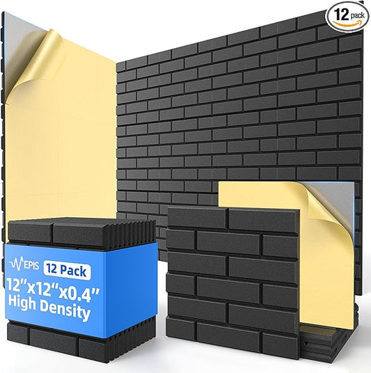 12 Pack Acoustic Panels with Self Adhesive, 12" X 12" X 0.4" High Density Sound Proof Foam Panels for Walls, Soundproof Wall Panels, Brick Sound Absorbing Panels for Home Studio Office Decor - Black