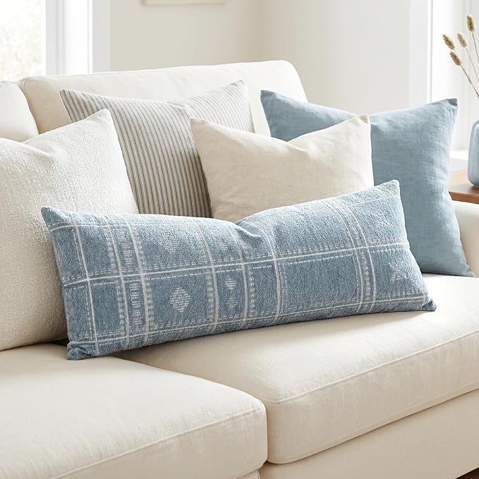 BlissBlush Decorative Lumbar Pillow Cover 14x36, Long Decorative Throw Pillow for Bed,Coastal Blue Textured Chenille Accent Pillowcase for Bedroom Home Décor (Cover Only)