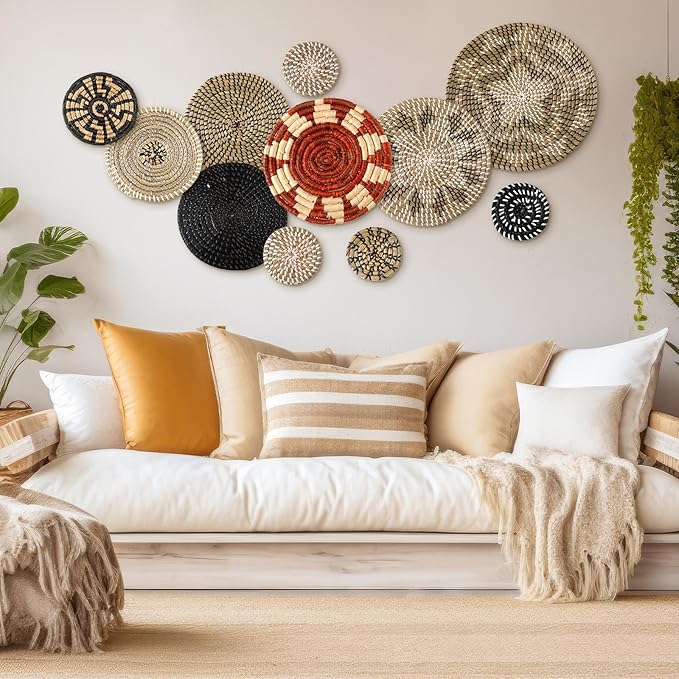 Tatuo 11 Pcs Boho Wall Basket Decor Bulrush Woven Wall Hanging Art Round Farmhouse Rustic Handmade Wicker for Summer Home, Bedroom, Living Room, Kitchen Decorations, Multi Sizes(Dark)