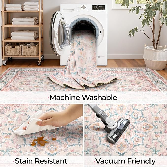 CAPALOCA Machine Washable Rugs Nursery Rug 3x5 Cute Girl Non Slip Low Pile Water Repellent Soft Print Pattern for Bedroom Indoor Decor Kids Playroom Pink Teal