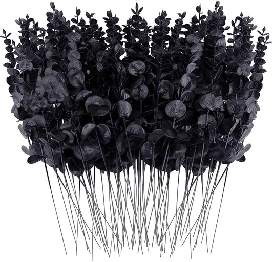 FEQO 72 Pcs Black Eucalyptus Stems Artificial Leaves Faux Eucalyptus Stems Branches 15 inch for Wedding Bouquet Home Decor