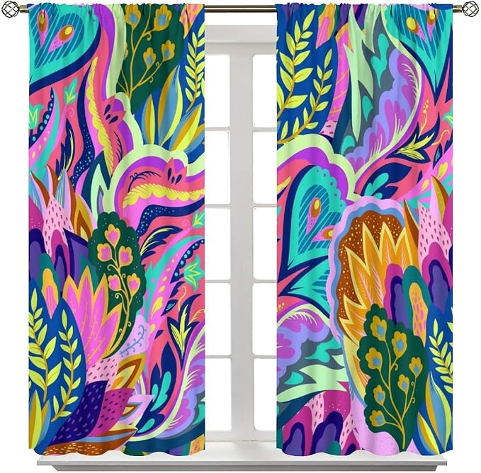 Vintage Dreamy Black Blackout Curtains Featuring Vibrant Bohemian Floral and Swirl Patterns, Ideal for Heat Insulation and Noise Reduction in Bedrooms and Living Rooms42X54 Inch
