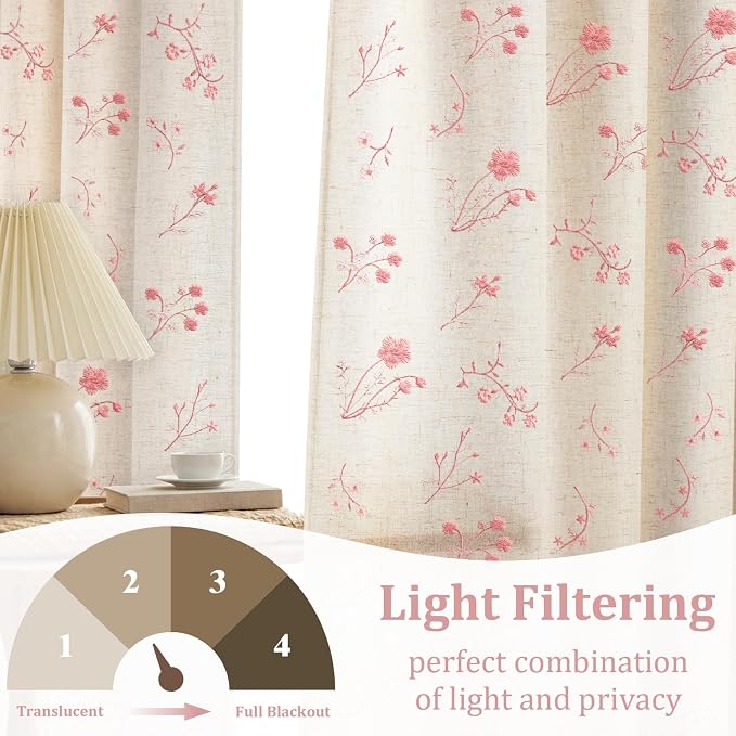 Pink Floral Embroidered Linen Blend Curtains for Bedroom, 84 Inch Light Filtering Spring Farmhouse Vintage Drapes for Living Room Rod Pocket, Set of 2 Panels