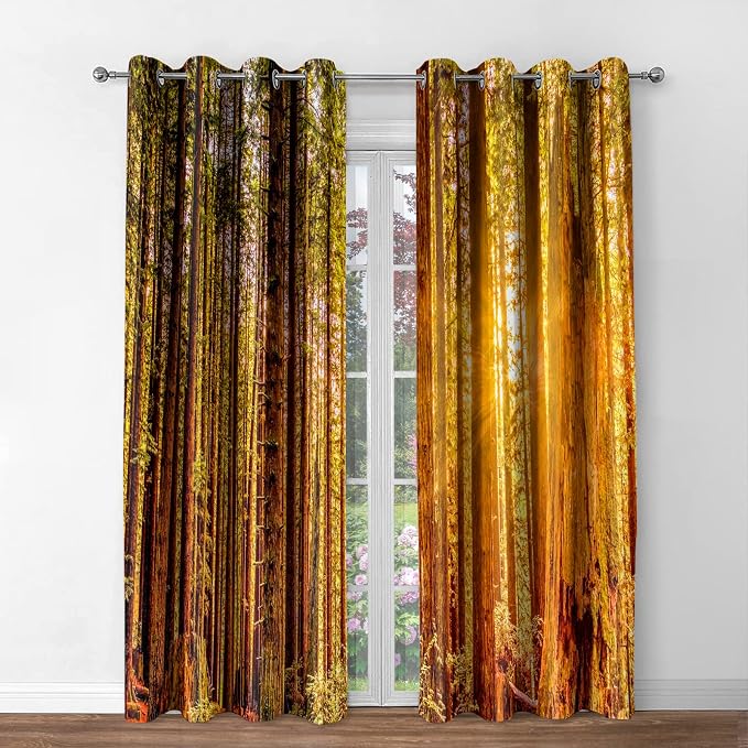 Jekeno Sunset Forest Blackout Curtains - Room Darkening Window Drapes Retro Autumn Sunset Forest Nature Landscape Print Decor Home Bedroom Living Room Grommet Window Drapes 2 Panel Set, 52"x84"