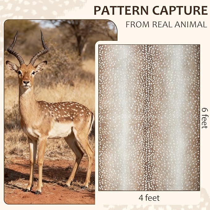 Soft Antelope Rug 4x6 Ft, Animal Print Rugs for Living Room Bedroom, Non-Slip TPR Backing for Hardwood Floors, Machine Washable & Easy to Clean, Pet Friendly Carpet for Kids, Brown, White