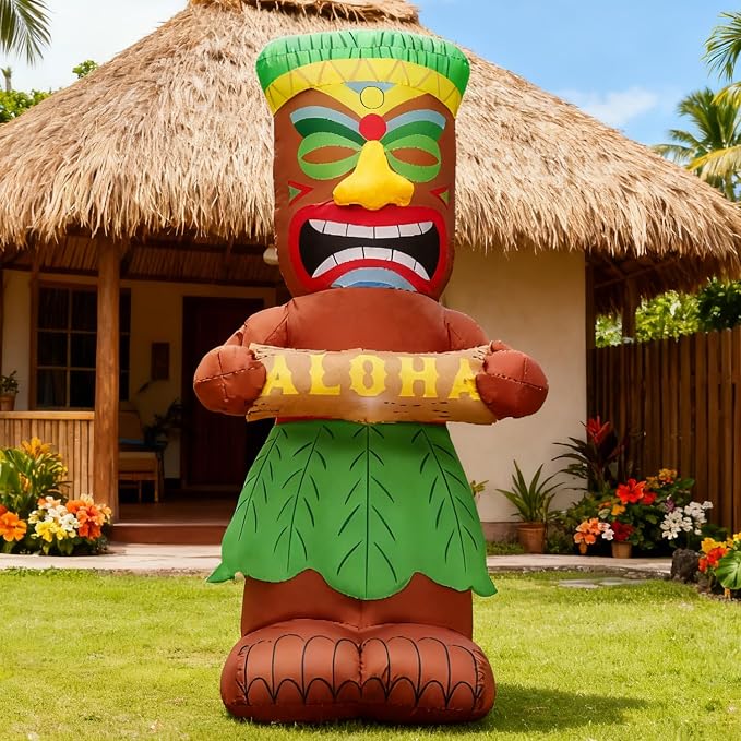 DomKom 5FT Tiki Luau Inflatables, Tiki Hold Sign Board with Aloha, Hawaiian Summer Tropical Beach Blow up Party Decor Party Giant Yard Decoration, Outdoor Built-in LED Lights Lawn Holiday Outside