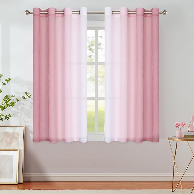 Purainbow Ombre Sheer Curtains Pink 54 Inches Length for Bedroom Living Room, Chiffon Crinkle Semi Sheer Short Curtain Panels Light Filtering Not See Through for Laundry Room, Grommet Top, 52" W