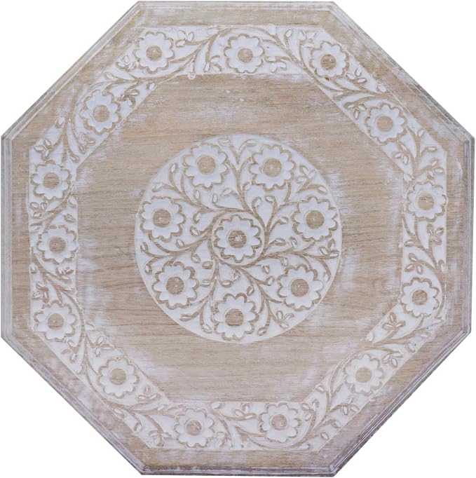 COTTON CRAFT Solid Wood End Table - Hand Carved Vintage Boho Folding Side Table - Small Spaces Entryway Accent Table - Farmhouse Living Room Bedside - No Tools Assembly - 18x18 Octagon - White Wash