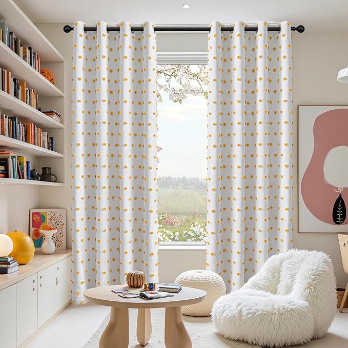 MEETSKY 100% Blackout Curtains for Sliding Glass Door 95 Inch Length Total Light Blocking Curtains for Living Room,Grommet Room Darkening Window Drapes with Yellow Pom Pom Sheer 52W x 95L, 2 Piece
