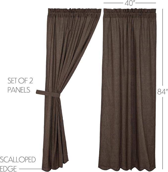 VHC Brands Kettle Grove Plaid Panel Scalloped Set of 2 84x40 Country Curtains, Country Black
