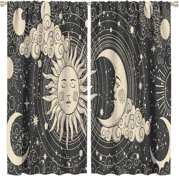 Bohemian Sun Moon Blackout Windows Curtains, Golden Sun Crescent Moon and Stars Vintage Cosmic Galaxy Printed Curtains, for Living Room Bedroom 42x45in 2 Panels