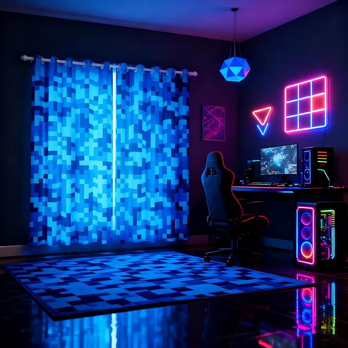 Castle Fairy Navy Blue Camouflage Window Curtain,Geometric Checked Bedroom Decor Curtains,Kids Boys Teens Pixelated Miner Style Window Treatment Video Games Blackout Drapes 2 Panels,52Wx90L