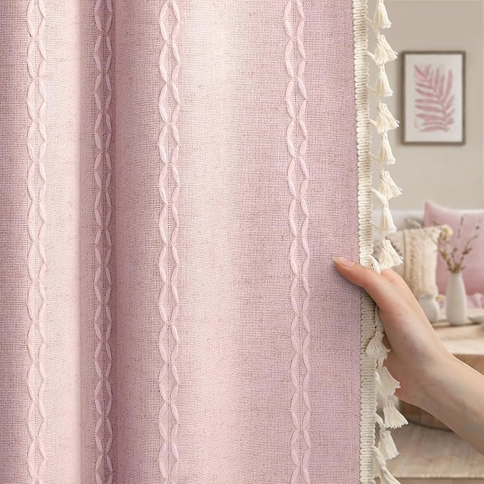 Pink Boho Blackout Curtains 2 Panels 84 Inch for Living Room Bedroom, Linen Texture Farmhouse Curtains with Tassels and White Cotton Embroidery Vintage Rustic Country Western