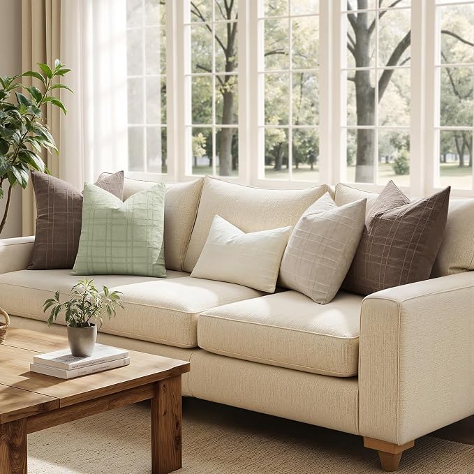 MIULEE Decorative Linen Check Throw Pillow Covers Neutral Farmhouse Vintage Pillow Covers 20x20 Set of 2 Boho Modern Home Decor for Sofa Couch Bedroom Cushion Seeding Green