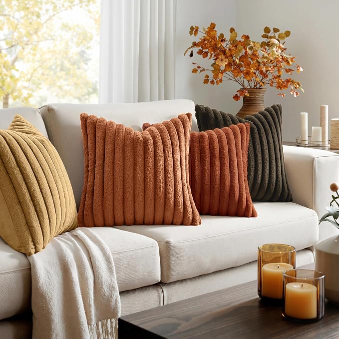 MIULEE Fall Faux Fur Plush Decorative Throw Pillow Covers 18x18 Set of 4, Boho Farmhouse Soft Fuzzy Striped Cushion Covers for Sofa Couch Bed Living Room Vintage Home Decor,Rust Orange