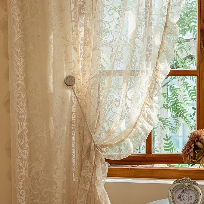 TUDECO Beige Lace Curtains for Bedroom - Floral Sheer Boho Crochet Curtains 63 Inch Length, Natural Ruffle Short Rod Pocket Light Filtering Window Treatment Grandma Core Decor, 59 x 63 Inch