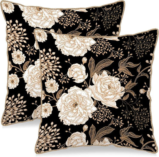 KSLIDS Vintage Peony Roses Floral Soft Velvet Throw Pillow Covers Set of 2 White Roses Flower Bloom Leaves Decorative Pillow Covers 20x20 Inch Black Gold Cream Pillow Case for Sofa Couch Home Decor