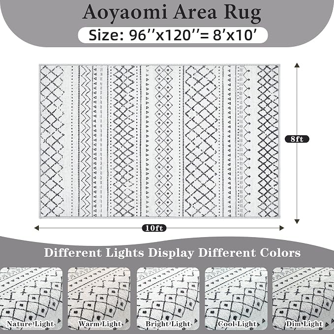 Area Rug Living Room Rugs 8x10 - Large Soft Boho Geometric Rug, Non-Slip Foldable Washable Rugs Non Shedding Morden Indoor Floor Carpet for Living Bedroom Office Dining Room(Black,8'x10')
