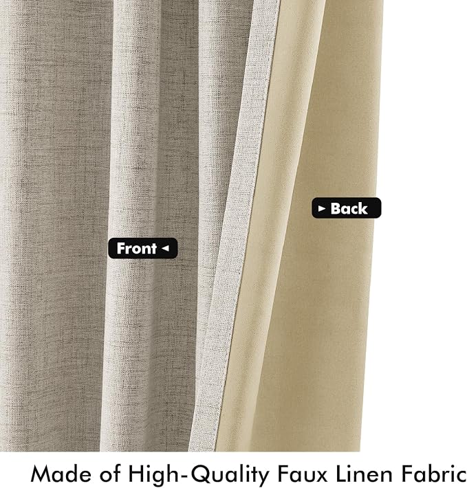 MIULEE 100% Blackout Linen Curtains for Bedroom, Stone Solid Luxury Decor Thermal Insulation Room Darkening Drapes for Living Room Back Tab Rod Pocket 42 x 90 Inches, 2 Panels