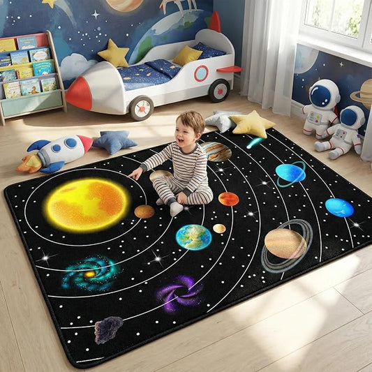 Outer Space Rug for Boys Room,3'×5' Space Rug for Kids Bedroom with Solar System Theme,Educational Planet Carpet for Playroom and Classroom Decor