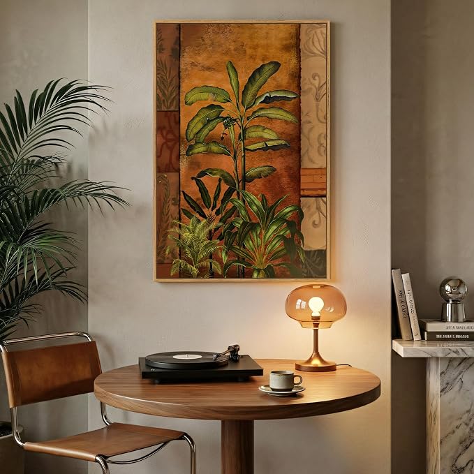 Framed Boho Tropical Botanical Wall Art for Living Room, Brown Green Plant Leaf Paintings Prints Canvas Artwork for Walls, Vertical Mid Century Modern Wall Decor for Bedroom Kitchen Home, 24x36 Inch