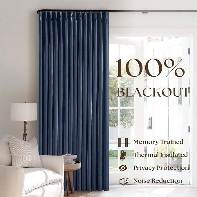 Navy Blue Blackout Linen Curtains 108 Inches Long for Bedroom Pinch Pleated Black Out Curtains Lined 2 Layers Memory Shape Noise Reducing Rustic Farmhouse Living Room Darkening Window Drapes Indigo