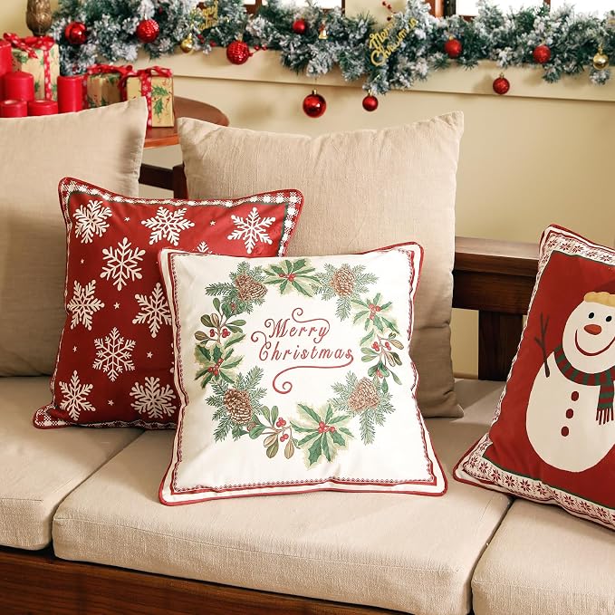 ISAENNE French Chrismas Velvet Throw Pillow Cover,Set of 2,18"x18"-Carol A | Vintage Square Pillow Cover,Concealed Zipper Design,Pinecones Pattern,Sofas,Bedroom,Living Room,Lounge Chairs,Decor