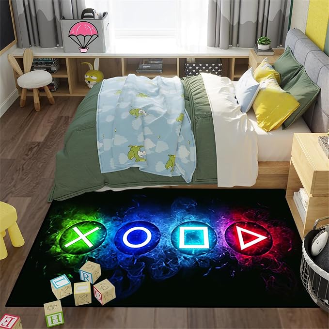 Games Area Rugs, Gamer Rug for Boy Cool Player Room Decor, Gaming Carpets for Boys Teens, Child Play Soft Floor Mat for Dining Living Room Sofa, Video Game Decor Decorate Doormats Black