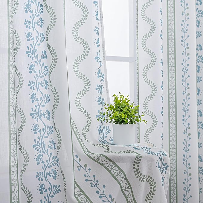 Teal Blue and Green Floral Curtains, English Country Classic Vintage Cottage Sheer Drapes for Bedroom Living Room 84 Inches Long