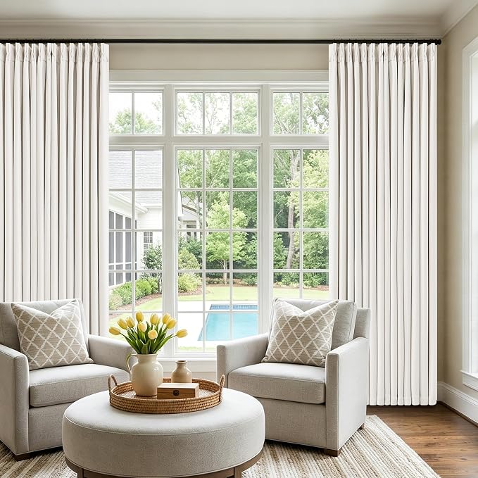 Pinch Pleated Blackout 102 Inch Bedroom Curtains 2 Panels Set Linen Dual Layer Soundproof Farmhouse Window Drapes for Living Room with Back Tab 100% Black Out Window Drapes Ivory Cream Off White