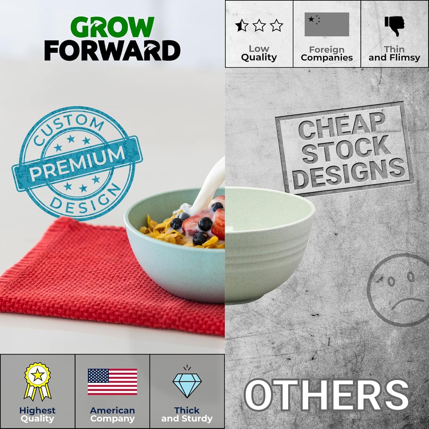 Grow Forward Premium Wheat Straw Bowls - 27oz Microwave Safe Plastic Cereal Bowls Set of 8 for Kitchen, Camping, RV, Dessert, Snack, Soup, Salad, Fruit - Reusable, Unbreakable & BPA Free - Tropical