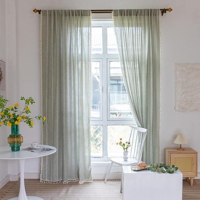 Boho Embroidered Linen Curtains - 96 Inch Long, 2 Panels, Sage Green, Farmhouse Style, Bohemian, Light Filtering for Bedroom & Living Room (52" W x 96" L)