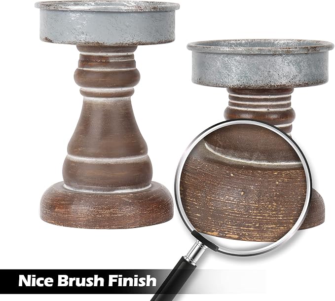 GenMous&Co. Decorative Candle Holders Pedestal Rustic Wood for Pillar Candle Farmhouse Candlestick Holder Galvanized Plate for Mantel, Dining Table, Centerpiece,Coffee Bar,Set of 2（Brown