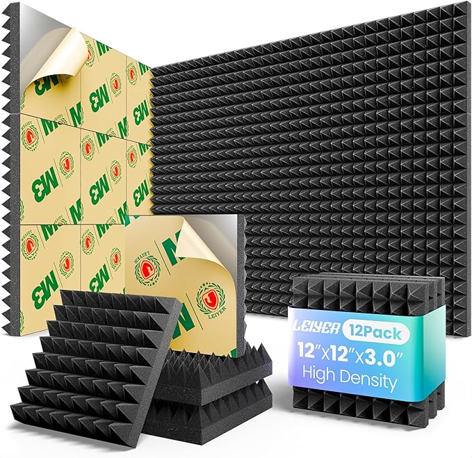 Acoustic Panels 12 pack Pyramid Self-Adhesive Upgrade,3"X12"X12" Sound Proof Foam Panels for Walls Quickly-Expand,Acoustic Wall Panels High Density Sound Absorbing for Gaming&Studio Decor,Black