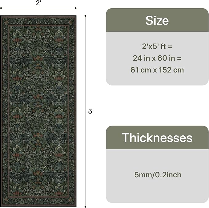 GENIMO 2x5 Washable Kitchen Runner Rug, Non Slip Hallway Mat, Dark Green | Vintage Boho Floral Low Pile Thin Mat for Entryway, Kitchen, Bedroom, Indoor Decor