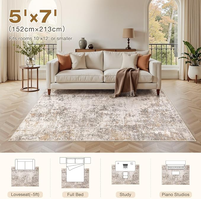 Area Rugs 5x7 Living Room: Washable Large Abstract Modern Neutral Soft Rug Stain Resistant Non-Slip Backing Carpet for Bedroom Dining Room Indoor Nursery Dorm Home Office Decor - Brown Grey
