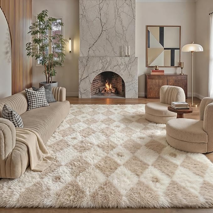 PureCozy Checkered Rug 8x10 Fluffy Shag Living Room Beige Area Rug Modern Washable Carpet Soft Shaggy Non Slip Indoor Plush Fuzzy Rugs for Bedroom Dorm Office Home Aesthetic Decor
