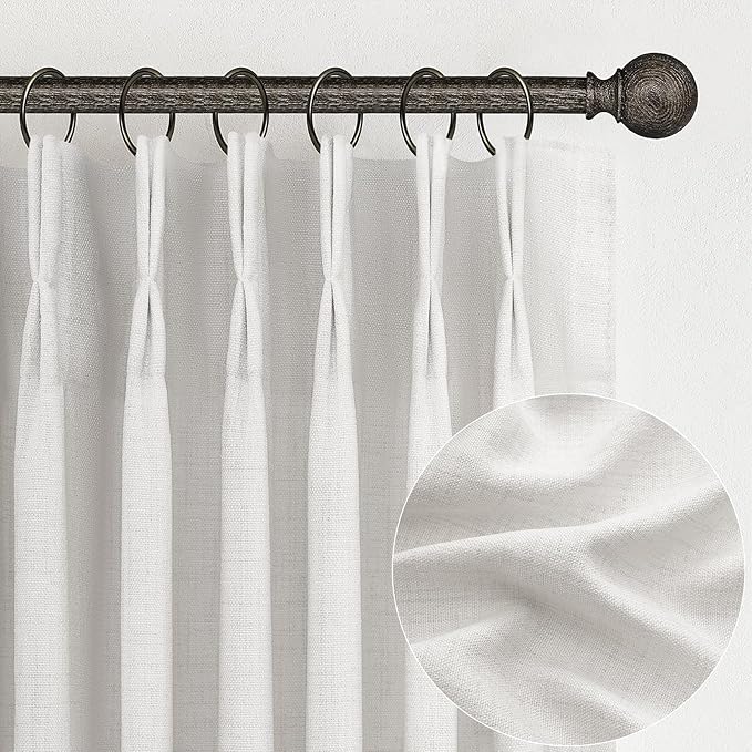 Off Beige White Farmhouse Kitchen Sheer Curtains 45 Inch Length 2 Panels, Cute Memory Trained Pinch Pleated Linen Semi Through Mini Drapes 40 x 45 Inches Short Light Filtering Curtain for Laundry Room