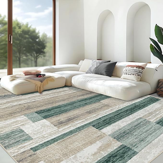 Area Rug Living Room Rugs 8x10 - Large Soft Boho Geometric Rug, Non-Slip Foldable Washable Rugs Non Shedding Morden Indoor Floor Carpet for Living Bedroom Office Dining Room (Green,8'x10')
