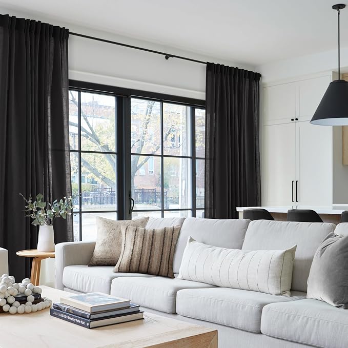 Black Linen Curtains 90 Inches Long for Bedroom Back Tab Light Filtering Privacy Semi Sheer Curtains Living Room Boho Rustic Farmhouse Cotton Textured Gauze Curtain 2 Panel Set 52x90
