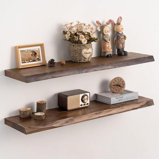 Live Edge Floating Shelves Set of 2, 36 Inch Solid Elm Wood Wall Shelves - Invisible Bracket Mount for Living Room, Bedroom, Kitchen, Bathroom |Vintage Rustic Decor